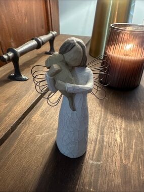 Willow Tree Gray and Cream Angel Embracing Dog with Wire Wings